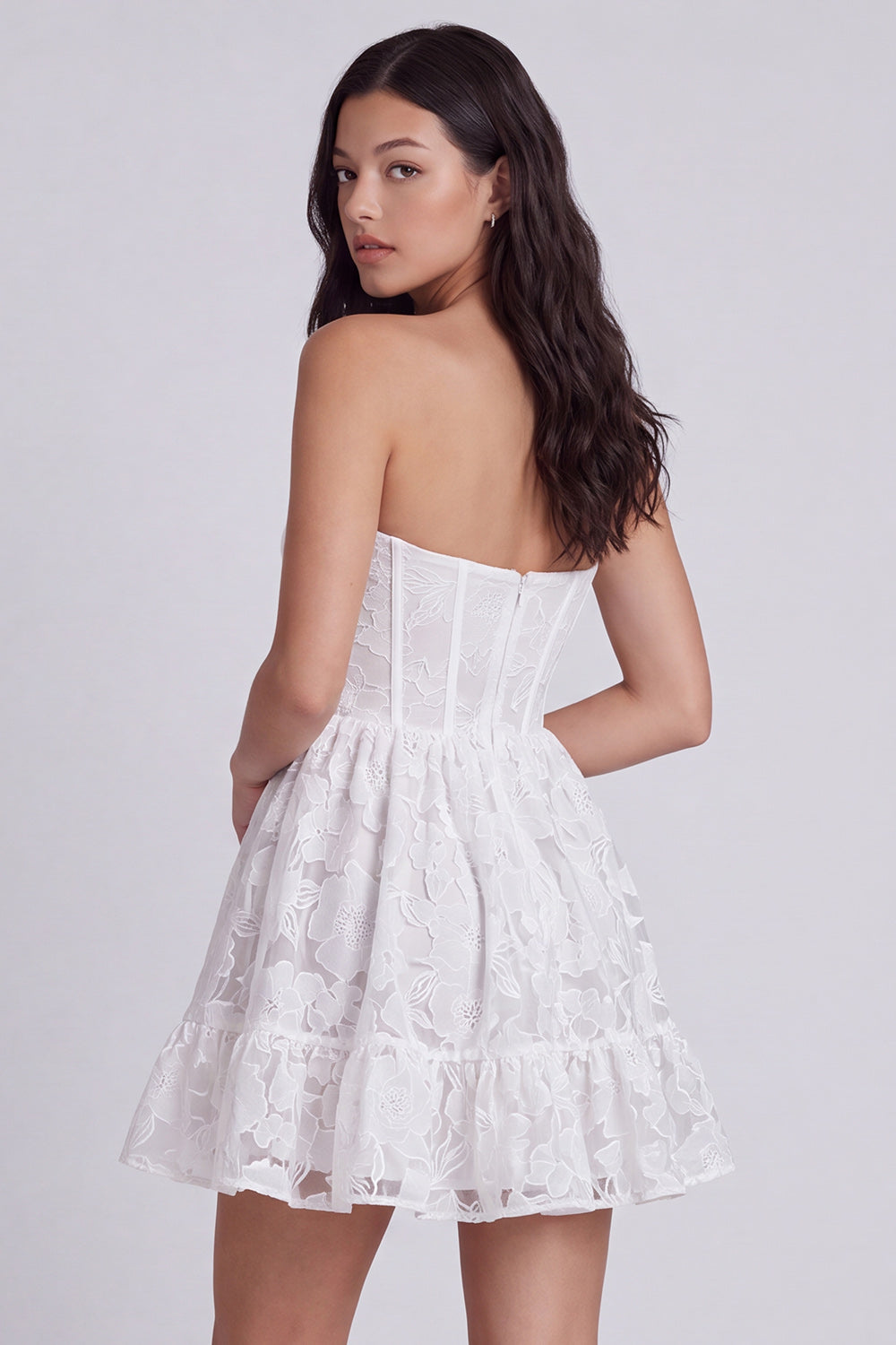 Ivory Floral Ruffled Corset Strapless A Line Short Graduation Dress