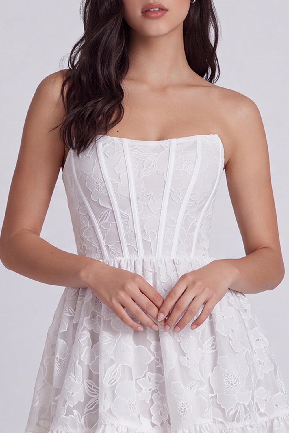 Ivory Floral Ruffled Corset Strapless A Line Short Graduation Dress