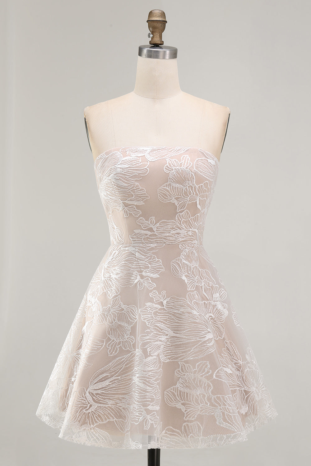 Ivory Floral A-Line Strapless Short Graduation Dress
