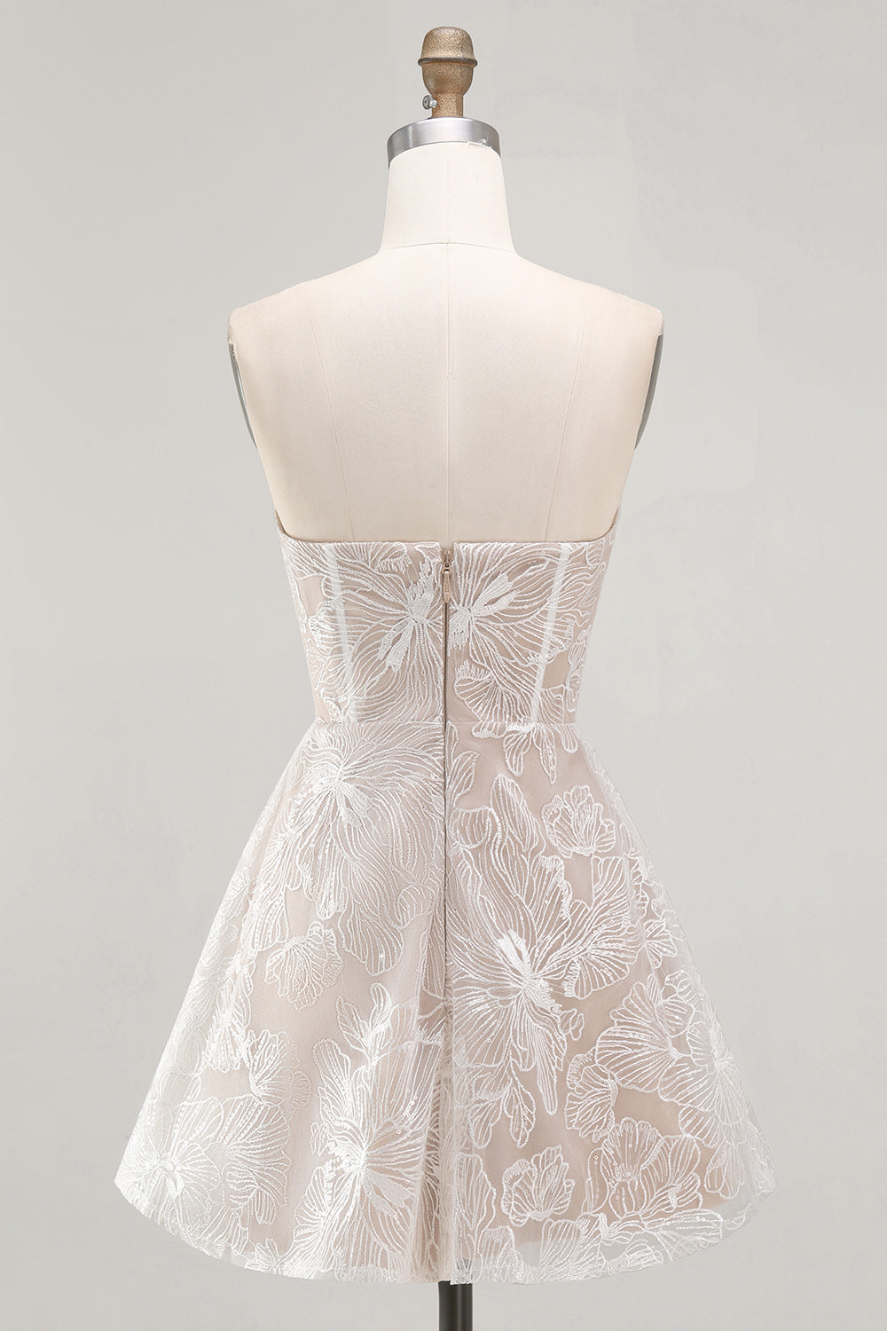 Ivory Floral A-Line Strapless Short Graduation Dress