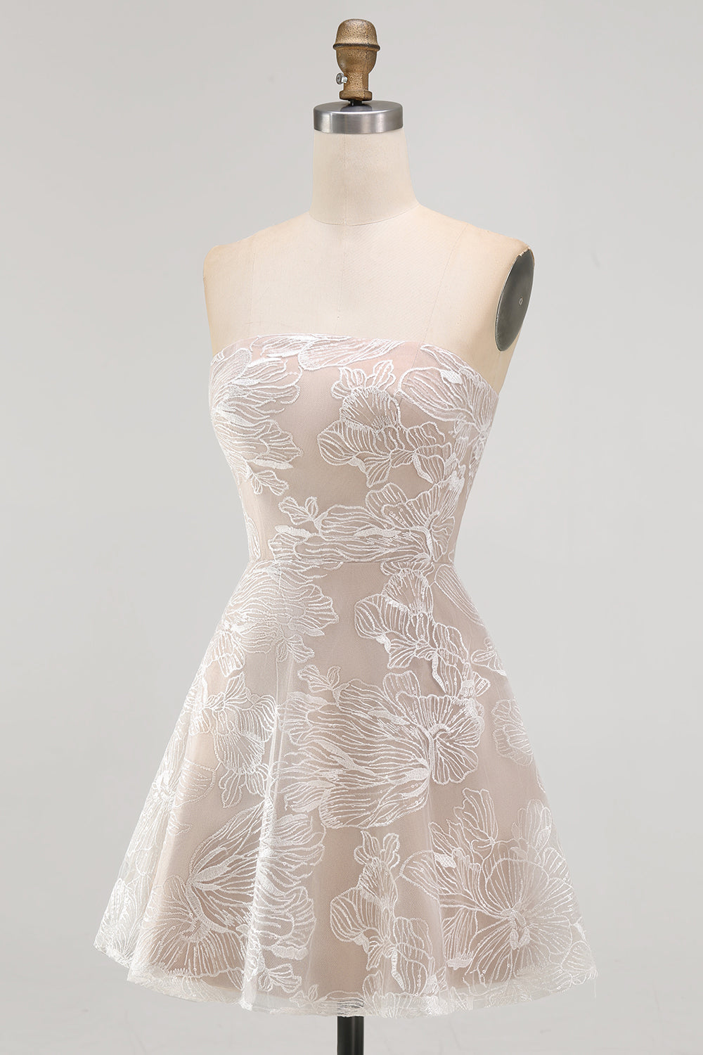 Ivory Floral A-Line Strapless Short Graduation Dress