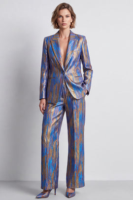 Blue Printed Metallic Peak Lapel 2 Piece Work Suits