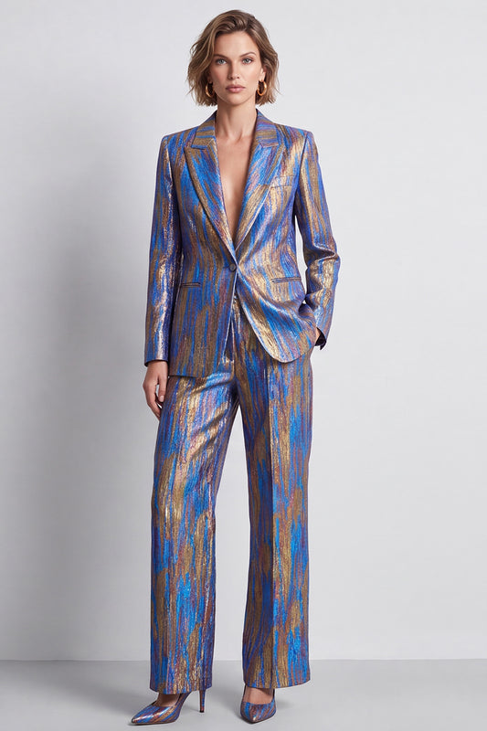 Blue Printed Metallic Peak Lapel 2 Piece Work Suits