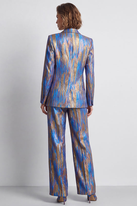 Blue Printed Metallic Peak Lapel 2 Piece Work Suits