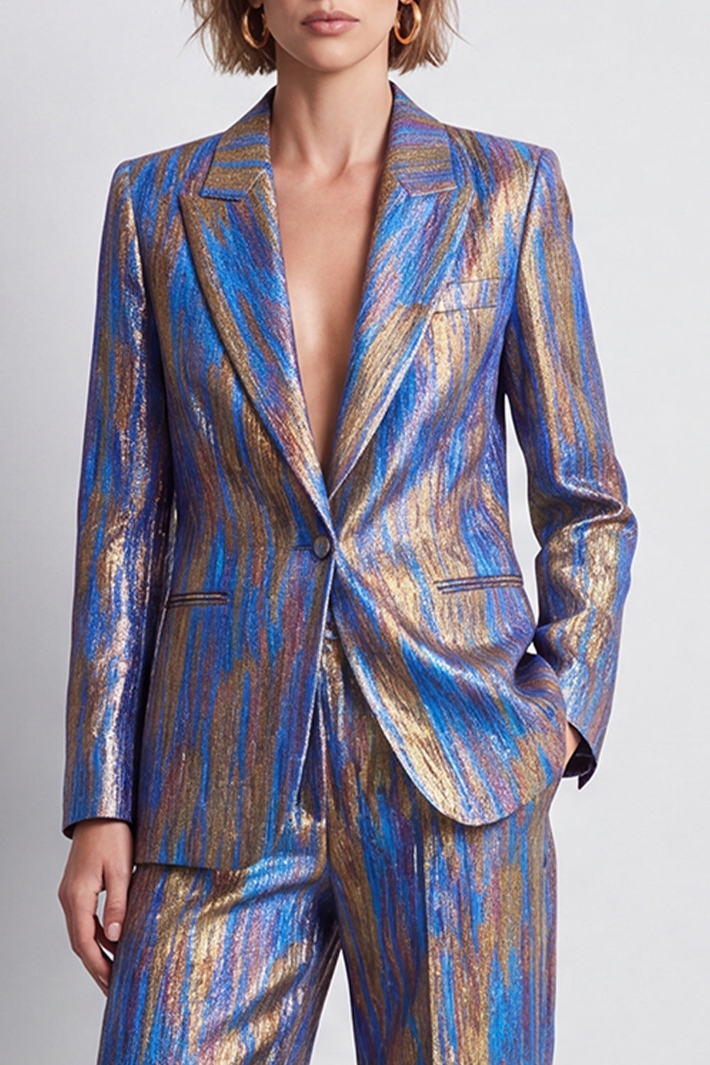 Blue Printed Metallic Peak Lapel 2 Piece Work Suits
