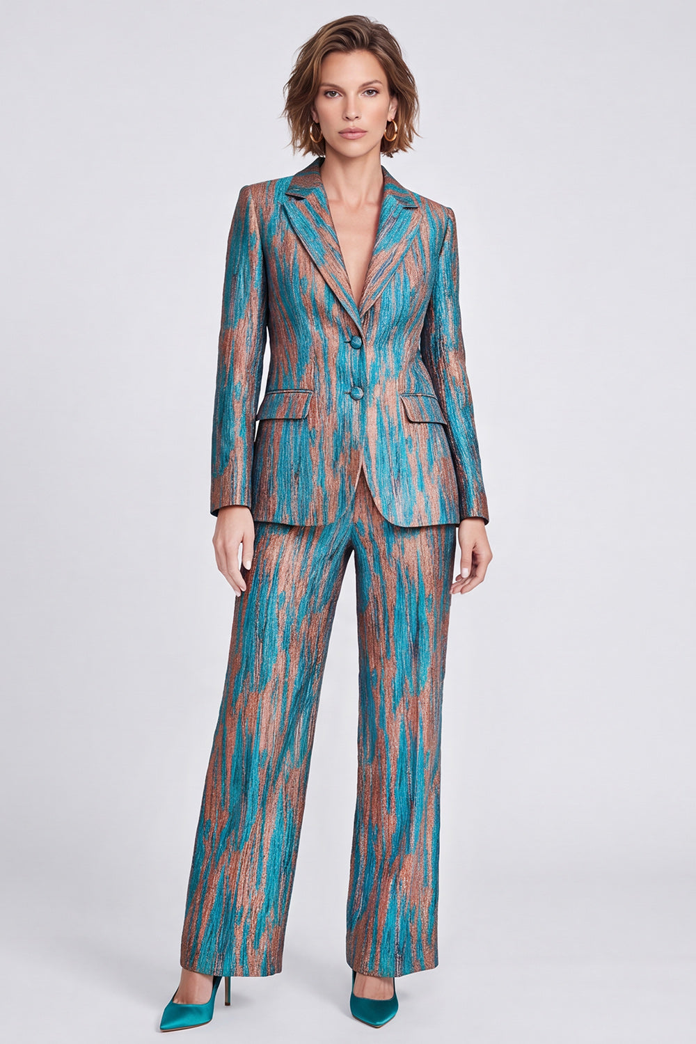 Blue Printed Metallic Peak Lapel 2 Piece Work Suits