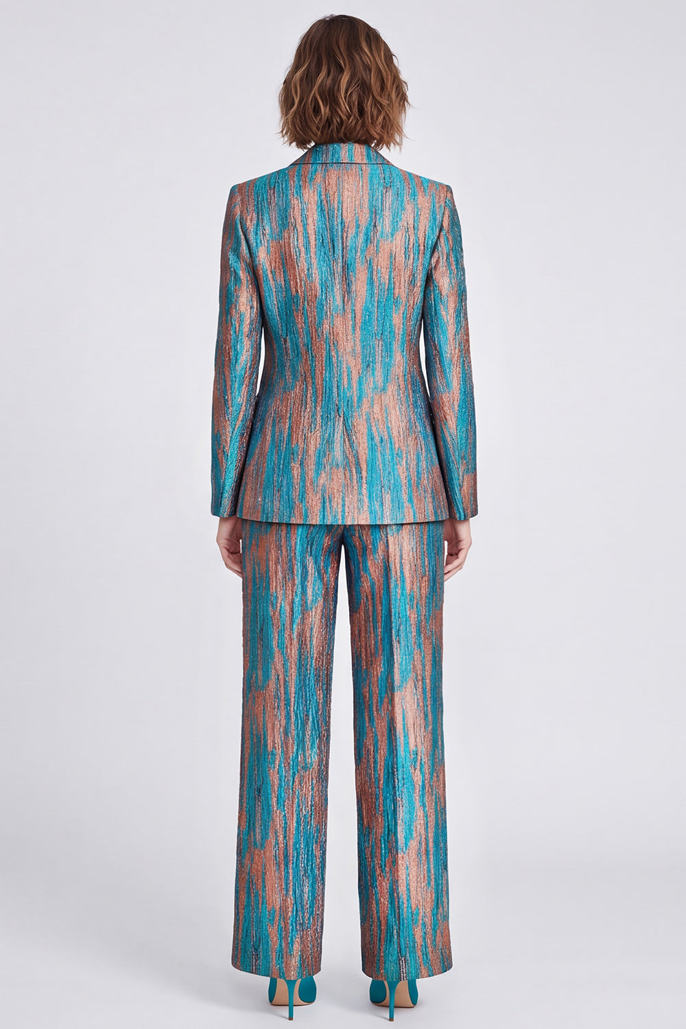 Blue Printed Metallic Peak Lapel 2 Piece Work Suits