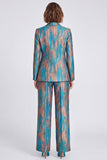 Blue Printed Metallic Peak Lapel 2 Piece Work Suits