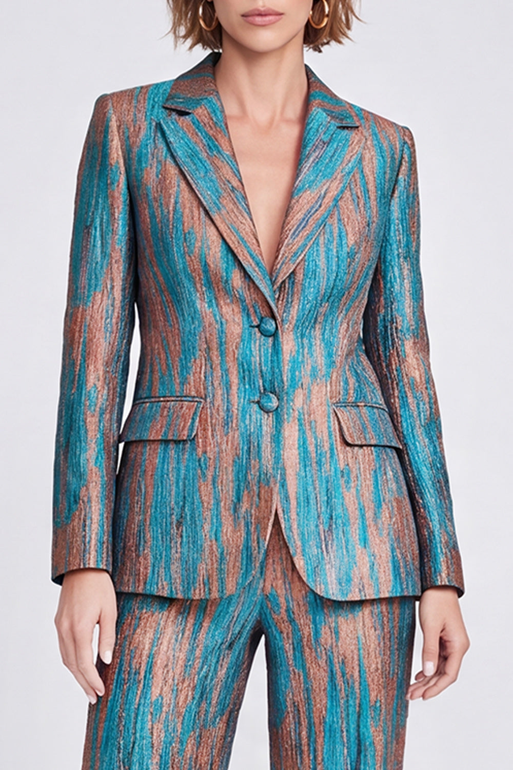 Blue Printed Metallic Peak Lapel 2 Piece Work Suits