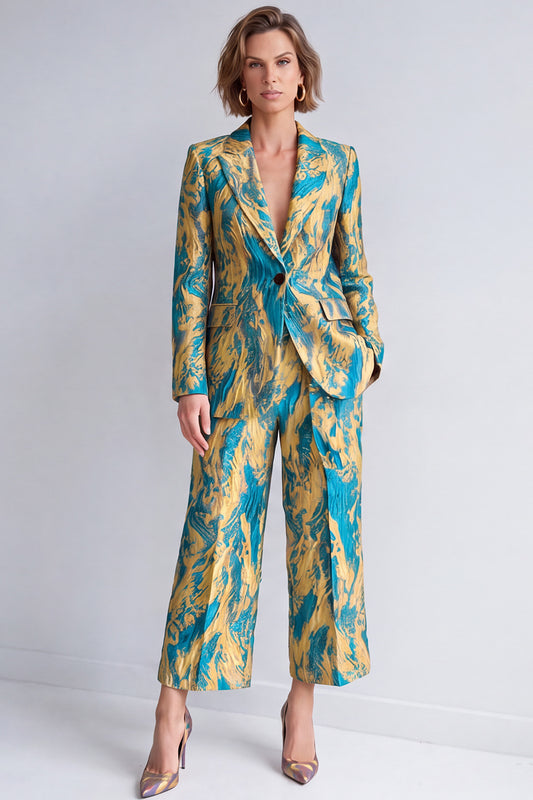Yellow and Blue Printed Peak Lapel 2 Piece Work Suits