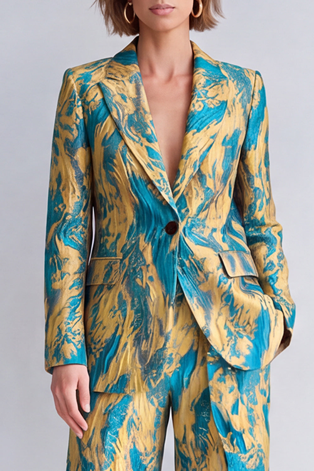 Yellow and Blue Printed Peak Lapel 2 Piece Work Suits