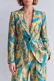 Yellow and Blue Printed Peak Lapel 2 Piece Work Suits