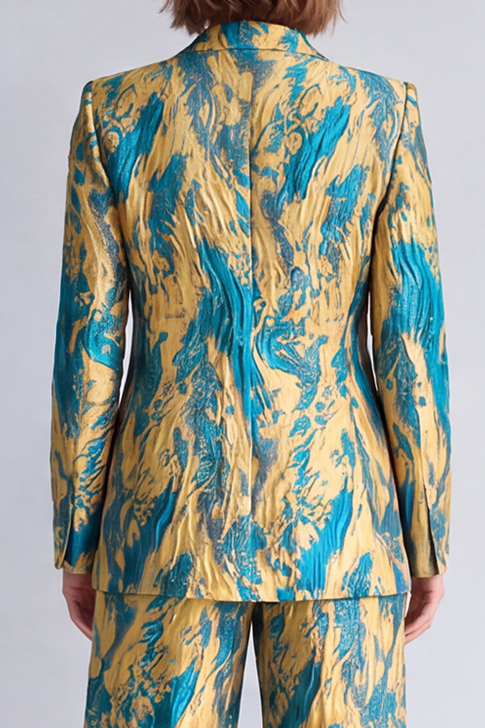 Yellow and Blue Printed Peak Lapel 2 Piece Work Suits