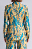 Yellow and Blue Printed Peak Lapel 2 Piece Work Suits