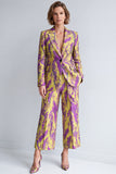 Yellow and Blue Printed Peak Lapel 2 Piece Work Suits