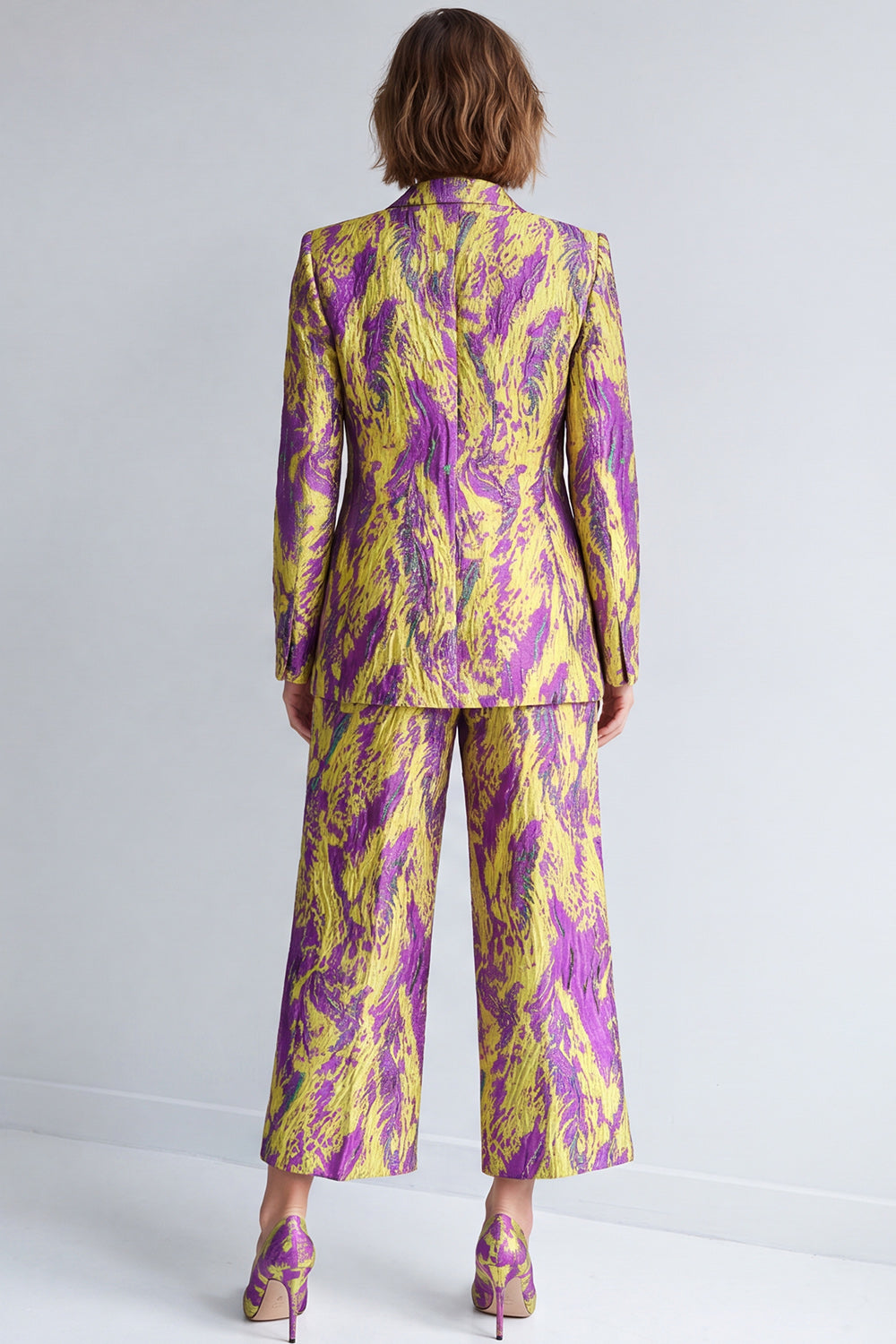 Yellow and Blue Printed Peak Lapel 2 Piece Work Suits