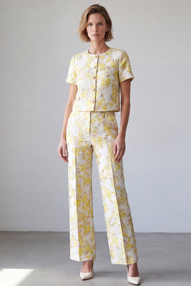Light Yellow Two Piece Round Neck Jacquard Prom Suits with Sleeves