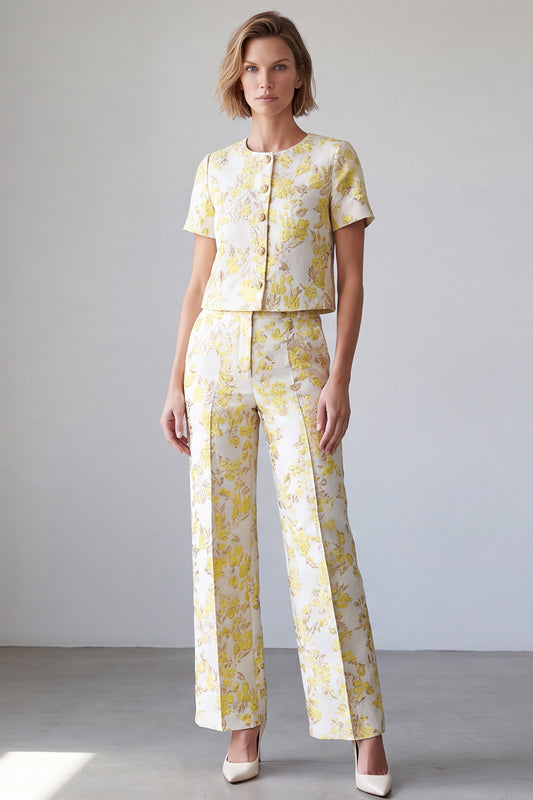 Light Yellow Two Piece Round Neck Jacquard Prom Suits with Sleeves