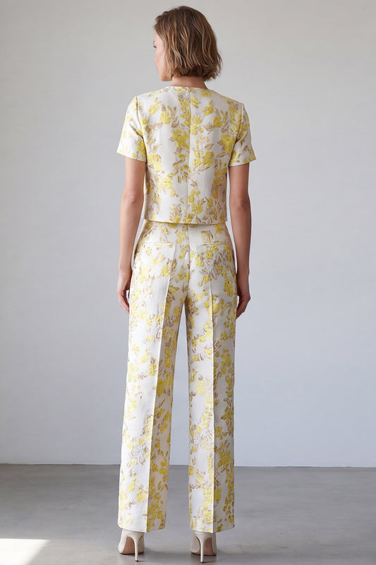 Light Yellow Two Piece Round Neck Jacquard Prom Suits with Sleeves