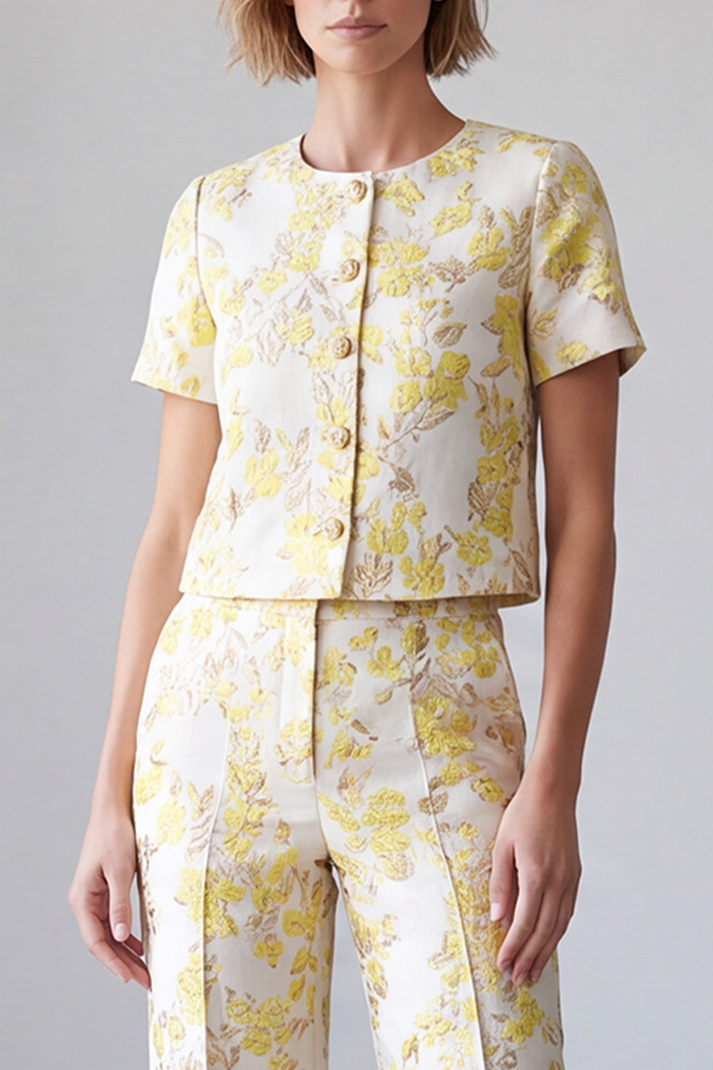 Light Yellow Two Piece Round Neck Jacquard Prom Suits with Sleeves