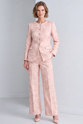 Pink Jacquard Round Neck Floral 2 Piece Prom Suits