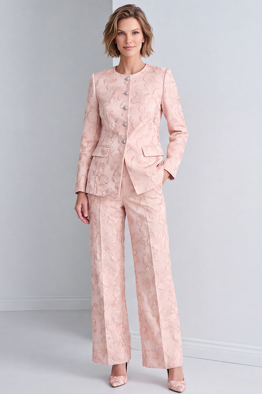 Pink Jacquard Round Neck Floral 2 Piece Prom Suits