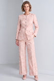 Pink Jacquard Round Neck Floral 2 Piece Prom Suits