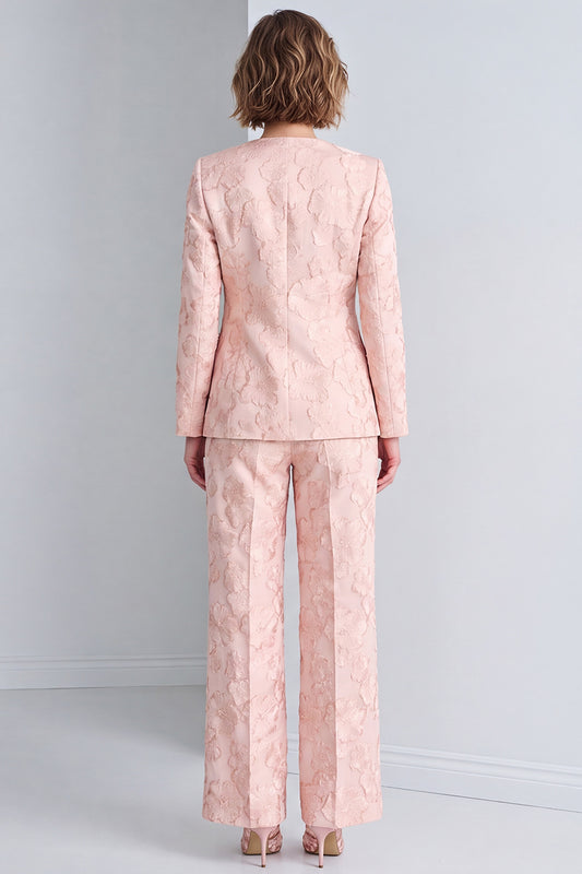Pink Jacquard Round Neck Floral 2 Piece Prom Suits