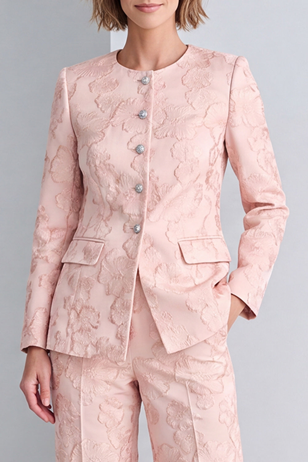 Pink Jacquard Round Neck Floral 2 Piece Prom Suits