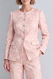 Pink Jacquard Round Neck Floral 2 Piece Prom Suits