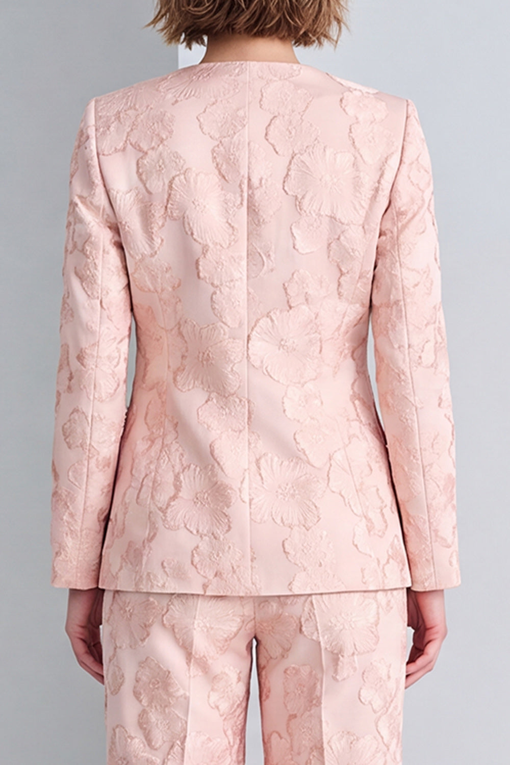 Pink Jacquard Round Neck Floral 2 Piece Prom Suits