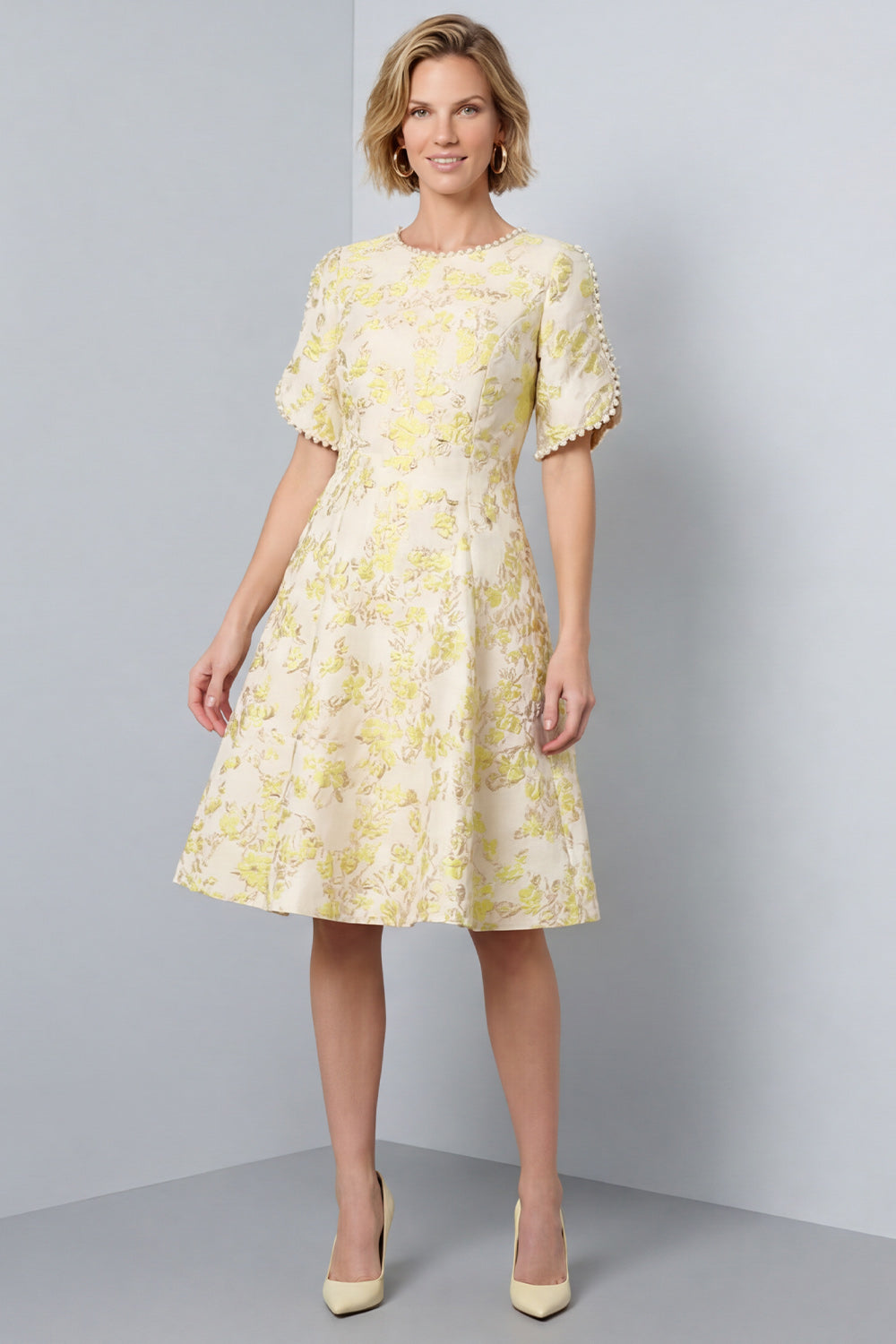 Light Yellow A-Line Round Neck Jacquard Midi Work Dress
