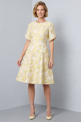 Light Yellow A-Line Round Neck Jacquard Midi Work Dress