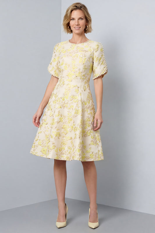 Light Yellow A-Line Round Neck Jacquard Midi Work Dress