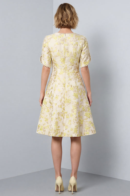 Light Yellow A-Line Round Neck Jacquard Midi Work Dress