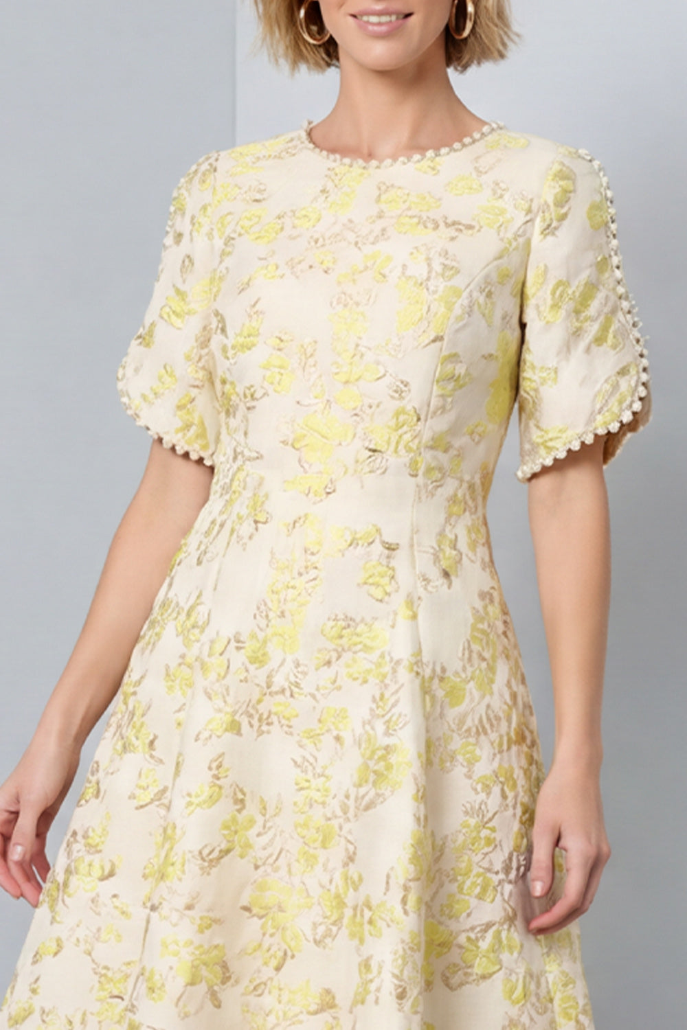 Light Yellow A-Line Round Neck Jacquard Midi Work Dress