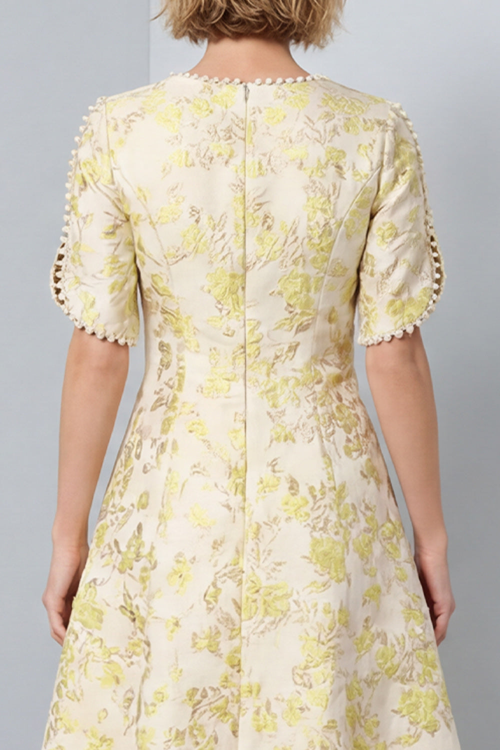 Light Yellow A-Line Round Neck Jacquard Midi Work Dress