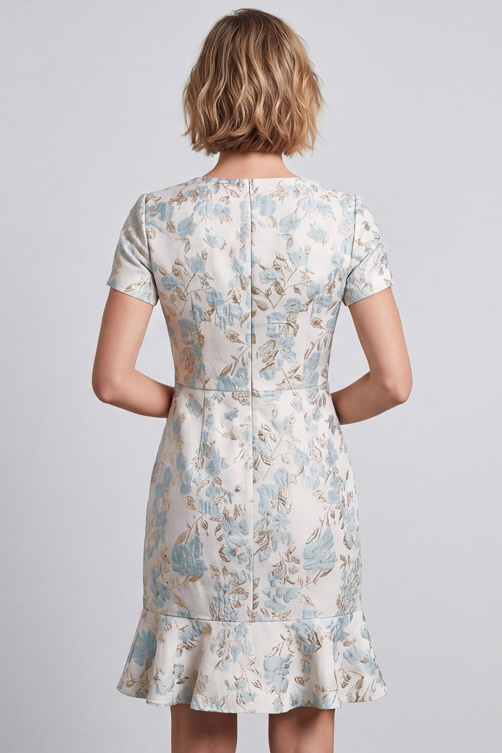Light Blue Bodycon V-Neck Jacquard Short Work Dress with Ruffles