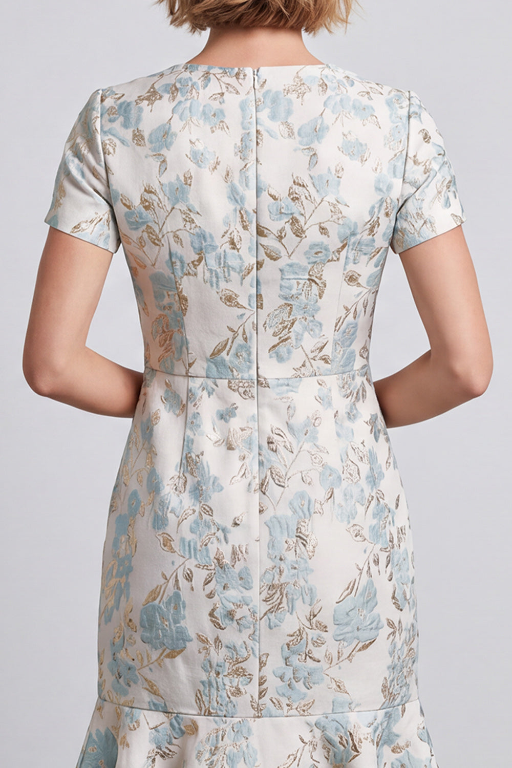Light Blue Bodycon V-Neck Jacquard Short Work Dress with Ruffles