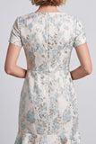 Light Blue Bodycon V-Neck Jacquard Short Work Dress with Ruffles