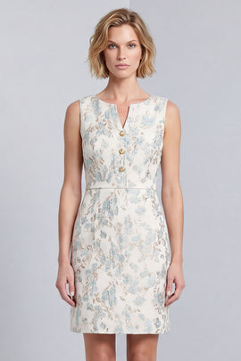 Light Blue Jacquard Bodycon V-Neck Short Work Dress with Covered Buttons