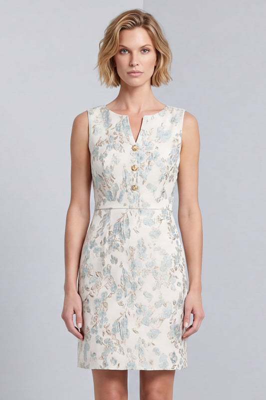 Light Blue Jacquard Bodycon V-Neck Short Work Dress with Covered Buttons