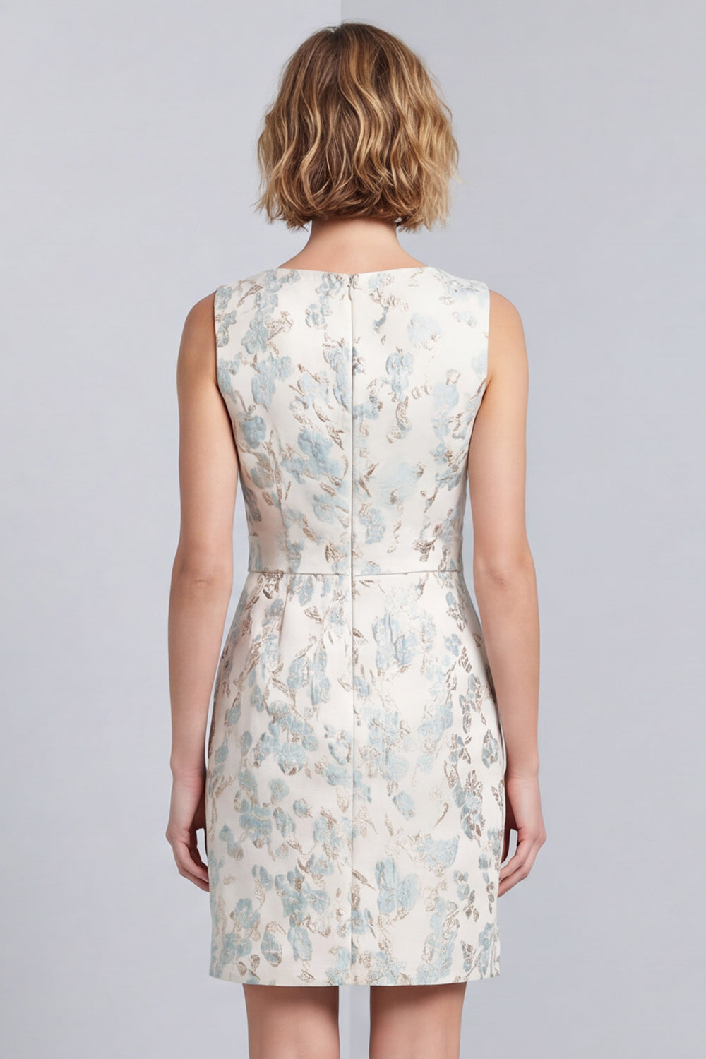 Light Blue Jacquard Bodycon V-Neck Short Work Dress with Covered Buttons