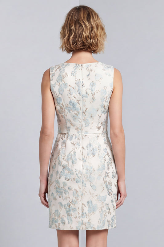 Light Blue Jacquard Bodycon V-Neck Short Work Dress with Covered Buttons