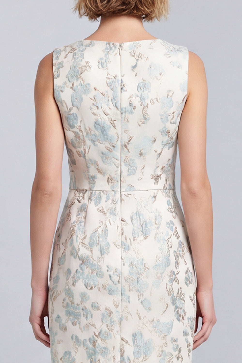 Light Blue Jacquard Bodycon V-Neck Short Work Dress with Covered Buttons