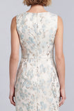 Light Blue Jacquard Bodycon V-Neck Short Work Dress with Covered Buttons