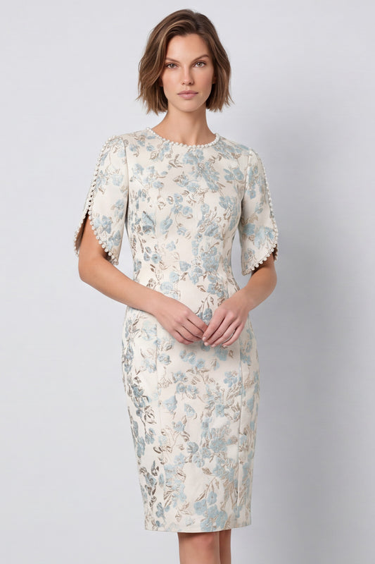 Light Blue Bodycon Round Neck Jacquard Midi Work Dress with Sleeves