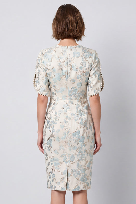 Light Blue Bodycon Round Neck Jacquard Midi Work Dress with Sleeves