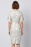 Light Blue Bodycon Round Neck Jacquard Midi Work Dress with Sleeves