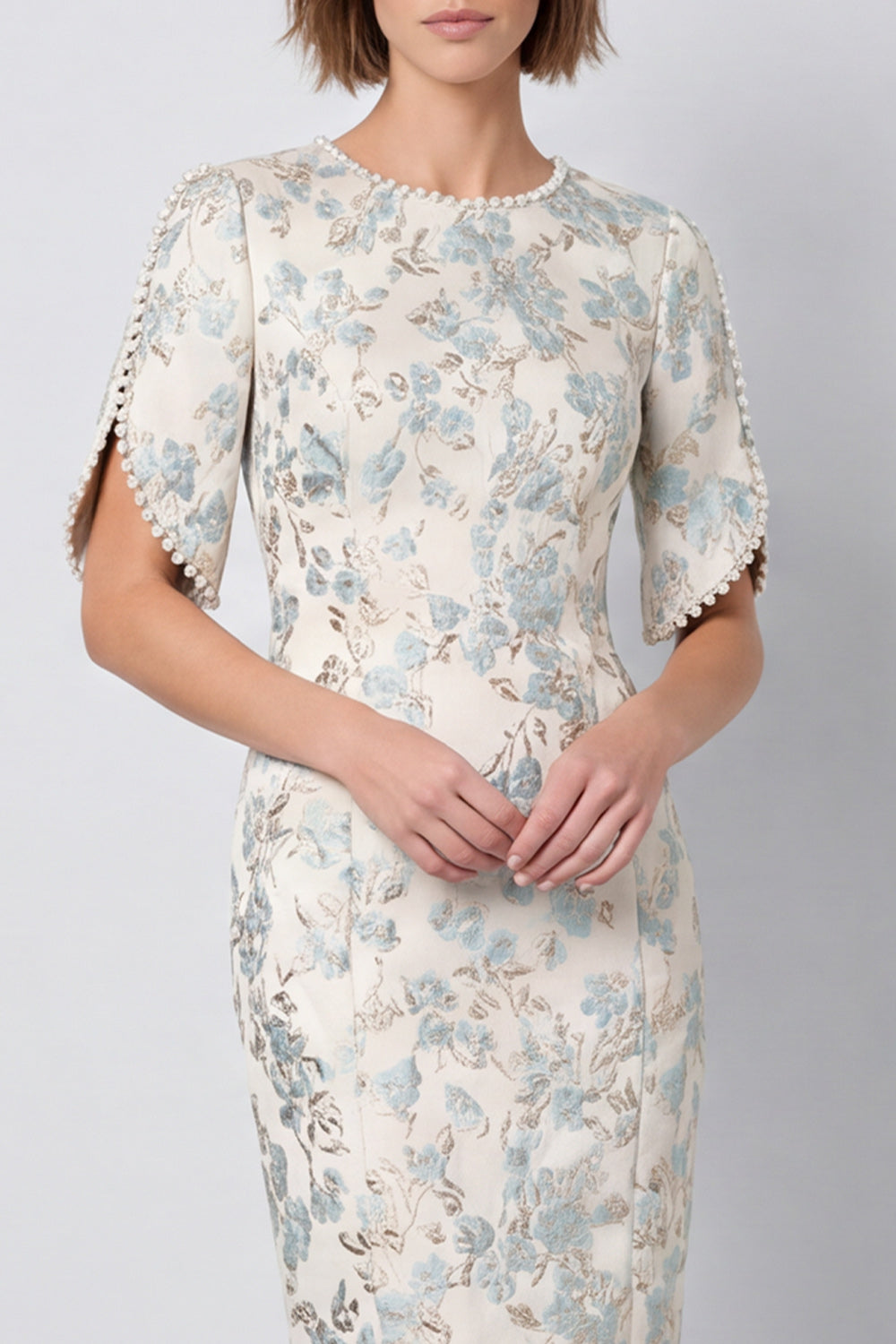 Light Blue Bodycon Round Neck Jacquard Midi Work Dress with Sleeves